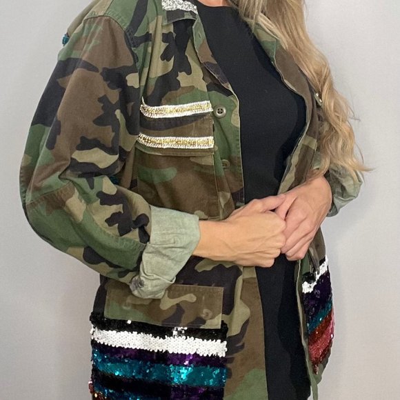 One of a Kind Camo Sequin Embellished Army Jacket by Hi Gorgeous S/M/L - Picture 3 of 4